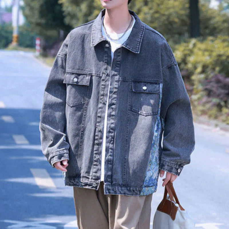 AIDASE  -  Trend Men Denim Jacket Coat Embroidered Patchwork Design Loose Long Sleeve Lapel Single-breasted Casual Menswear 21E6600 aidase-shop