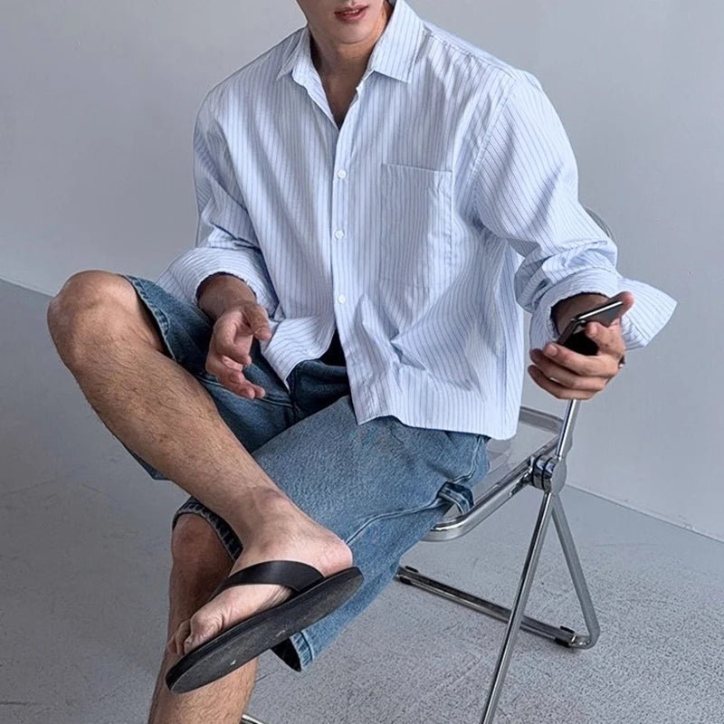 AIDASE  -  Men Striped Shirt Lapel Long Sleeve Button Casual Men Clothing Loose Streetwear 2025 Korean Style Fashion Male Shirts aidase-shop