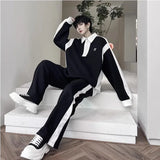Elegant Black White Color Contrast Sports Shirt Set Long Sleeved Polo Shirt Sweatpants Two Piece Set Casual Handsome Tracksuit aidase-shop