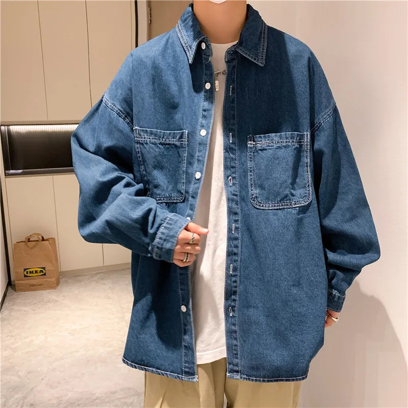 AIDASE  -  Denim Long-sleeved Shirt Men's Solid Color Autumn Korean Style Trendy Simple Shirt Hong Kong Style Loose and Handsome Ins Jacket aidase-shop