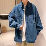 AIDASE  -  Denim Long-sleeved Shirt Men's Solid Color Autumn Korean Style Trendy Simple Shirt Hong Kong Style Loose and Handsome Ins Jacket aidase-shop