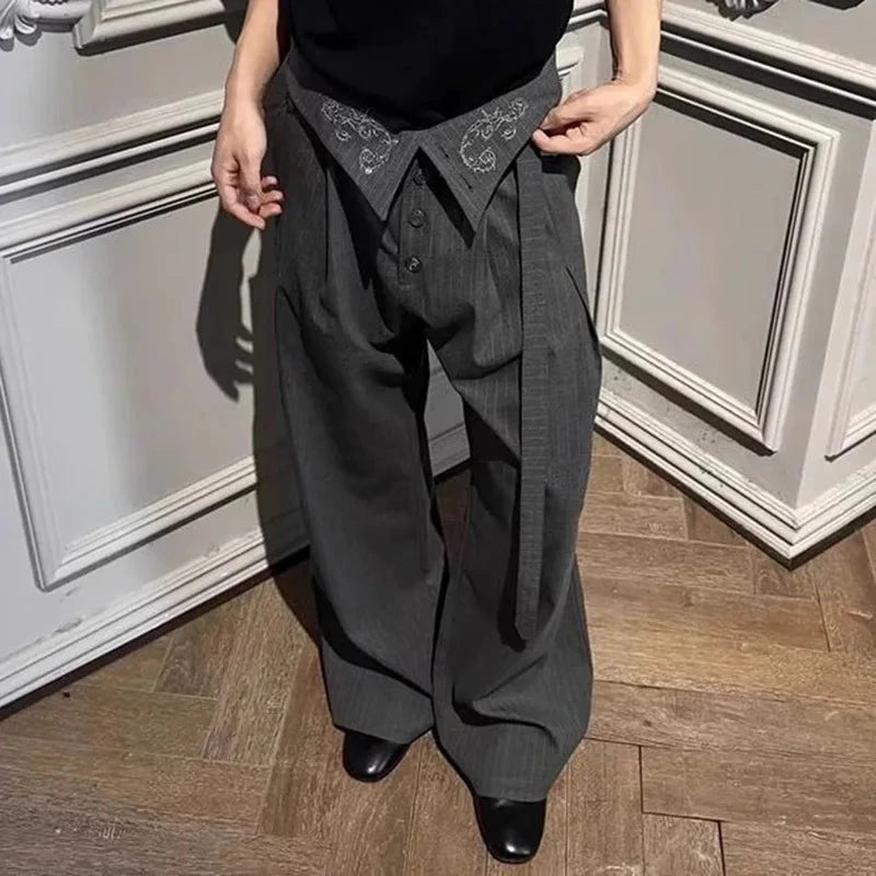 AIDASE  -  Trend Men Suit Pants Pleated Embroidered Straight-Leg Slightly Flared High-Waisted Striped Ribbon Trousers 21E7642 aidase-shop