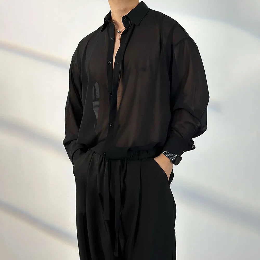 AIDASE  -  Mens Shirt Transparent Sheer Sexy Long Sleeved Shirt Summer Casual Personality Breathable Quick Drying Top Men's Clothing aidase-shop
