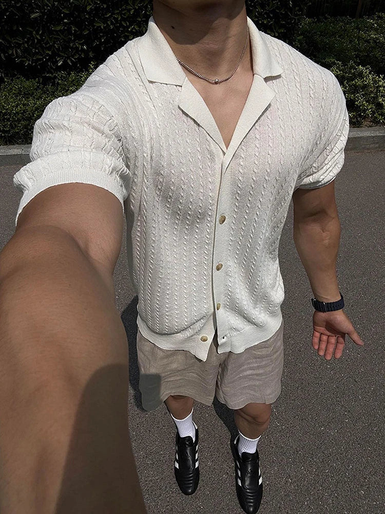 AIDASE  -  Streetwear Fashion Knitting Shirts Mens Summer Vintage Jacquard Turn-down Collar Cardigan Tops Men New Casual Slim Knitted Shirt aidase-shop