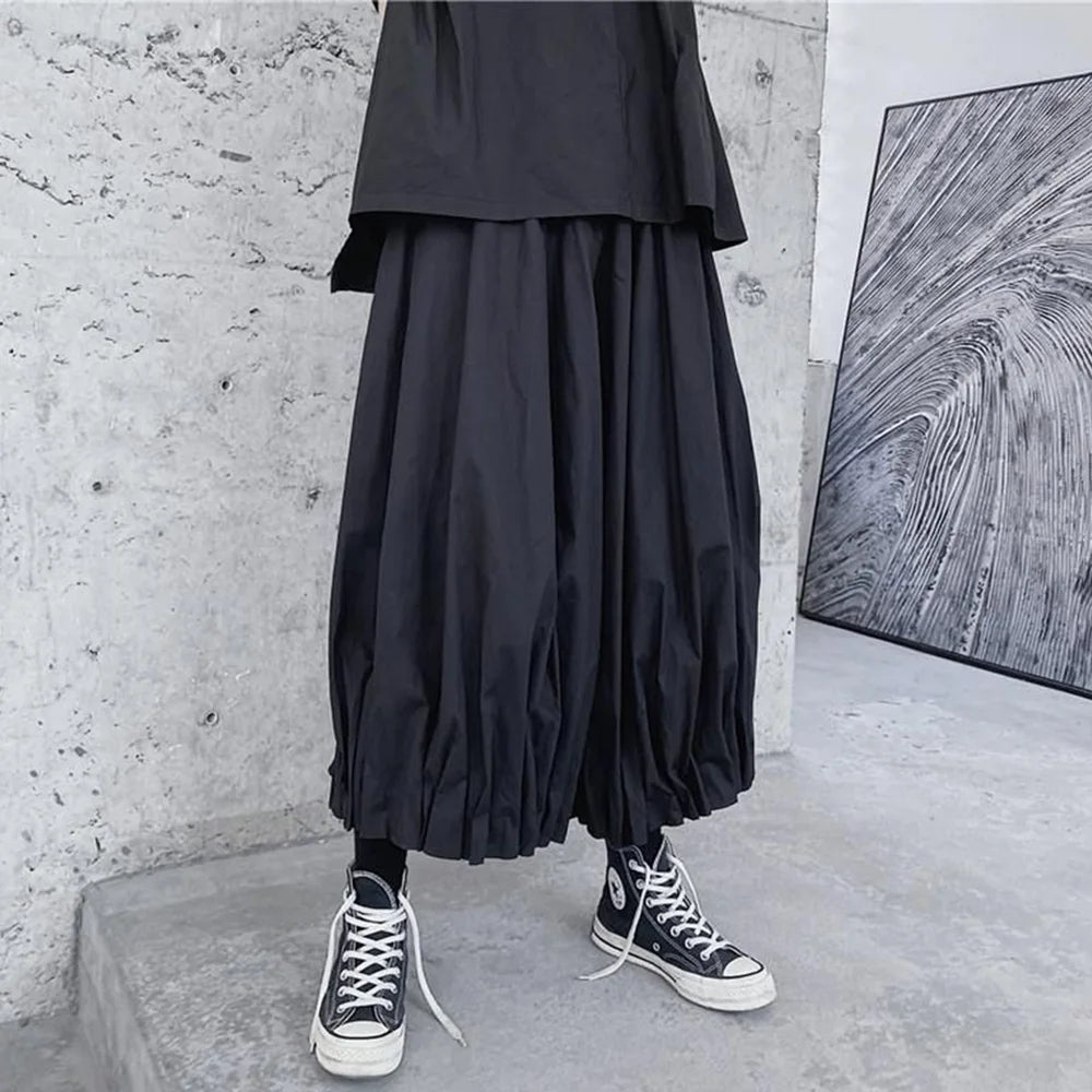 AIDASE  -  Summer New Men's Solid Color Wide-Leg Lantern Skirt Pants Retro Fashion Trend Casual Simple Loose Breathable Niche Men's Bottoms aidase-shop