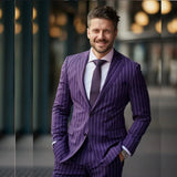 Aidase High Quality Purple Stripe Men's Suits Formal Wedding Groomsmen 2 Piece Jacket Pants Sets Single Breasted Notch Lapel Blazer
