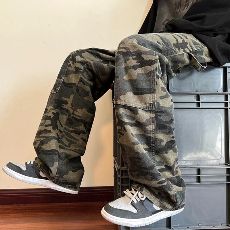 Aidase Jeans Men Military Fashion High Street Daily Spring Autumn Camouflage Spliced Handsome Loose American Style Teenagers Versatile aidase-shop