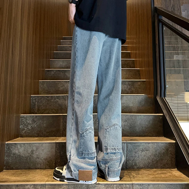 AIDASE  -  Niche Men's Jeans Pocket Reverse Straight-leg Design Male Denim Long Pants 2025 New Fashion Solid Color Trousers 21E6850 aidase-shop