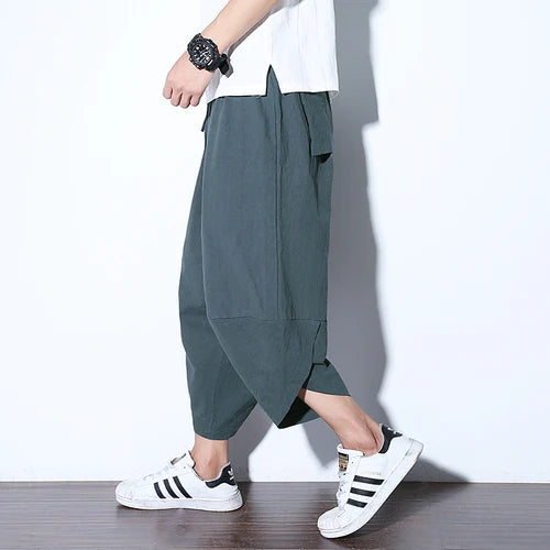 Aidase Summer Calf Length Pants Men Casual Loose Chinese Style Elastic Waist Linen Pant Man aidase-shop