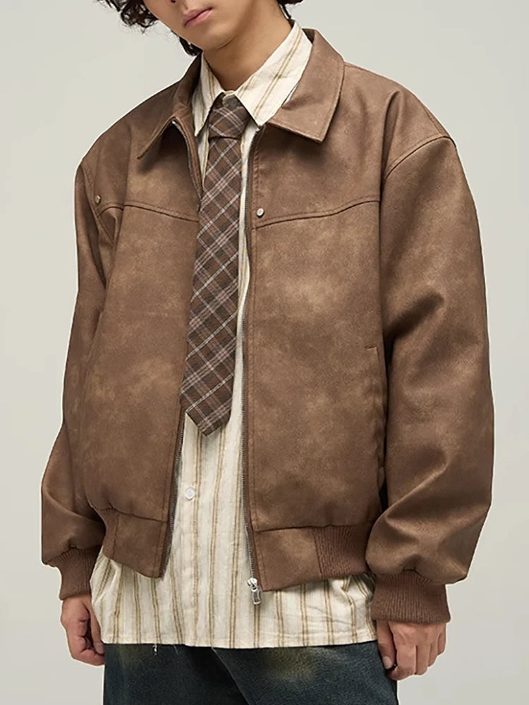 AIDASE  -  High Quality Mens Clothing Vintage Old Brown Pu Leather Coat Men's Fashion Zipper Jacket Spring and Autumn ropa hombre ropa aidase-shop