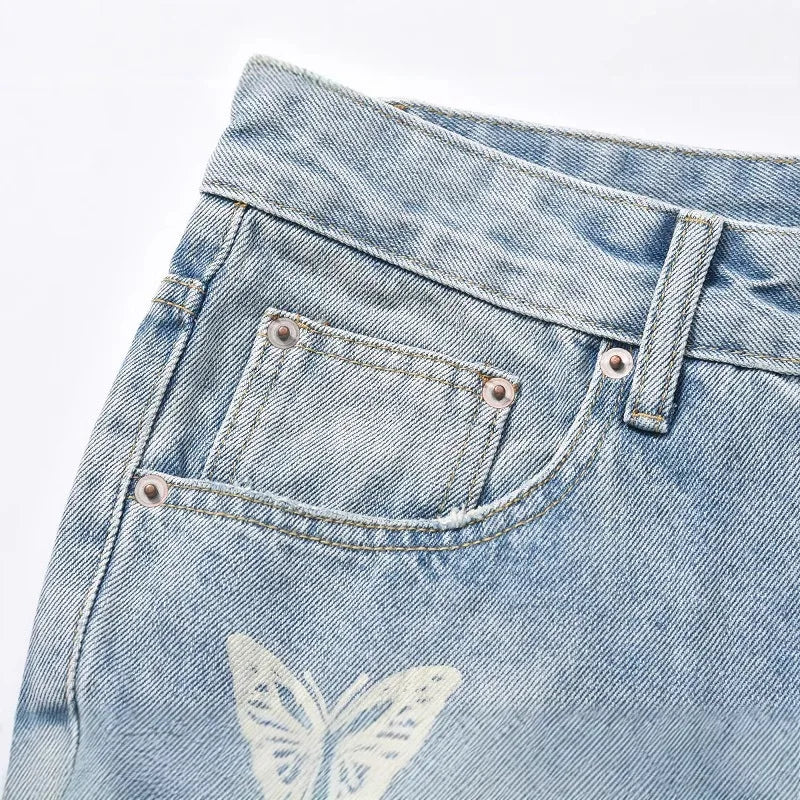 Aidase American Streetwear Butterfly Printed Straight Leg Jeans Man Hip Hop Splashed Ink Blue Jeans Y2k Slim Jeans Men 2024 Fashion aidase-shop