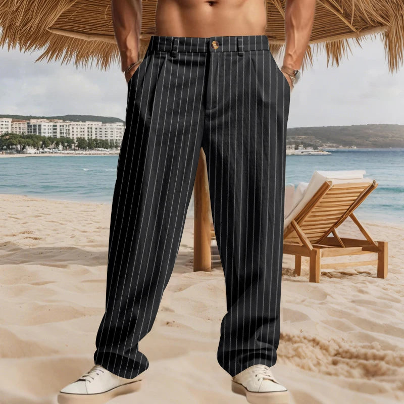 AIDASE  -  Vintage Loose Straight Linen Pants Men Daily Casual Linen Breathable Trousers 2025 Spring Summer Stylish Mens Striped Trousers aidase-shop