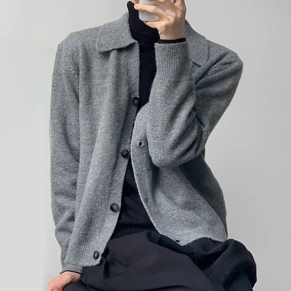 AIDASE  -  Mens Retro Solid Color Lapel Y2k Cardigan Sweater Autumn And Winter Street Fashion Trend Lazy Style Knitted Sweater Jacket Men aidase-shop
