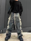 Aidase American Fashion Washed Old Gradient Stripe Multi Pocket Drawstring Jeans Men Harajuku Street Loose Denim Pants