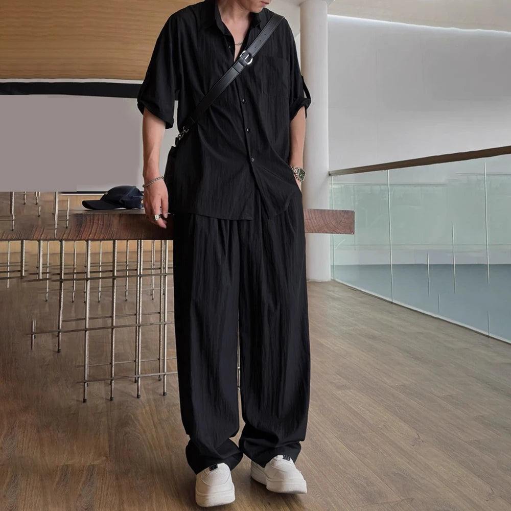 Aidase Mens Casual Light Shirt Wide Leg Pants 2024 New Genderless Fashion Vacation Basics Versatile Solid Color Suit Two-Piece Unisex aidase-shop