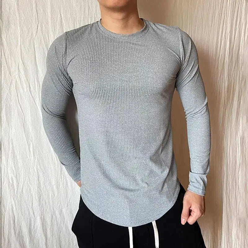 AIDASE  -  Sports Long-sleeved T-shirt Fitness Tights Slim Elastic Striped Round Neck Casual aidase-shop