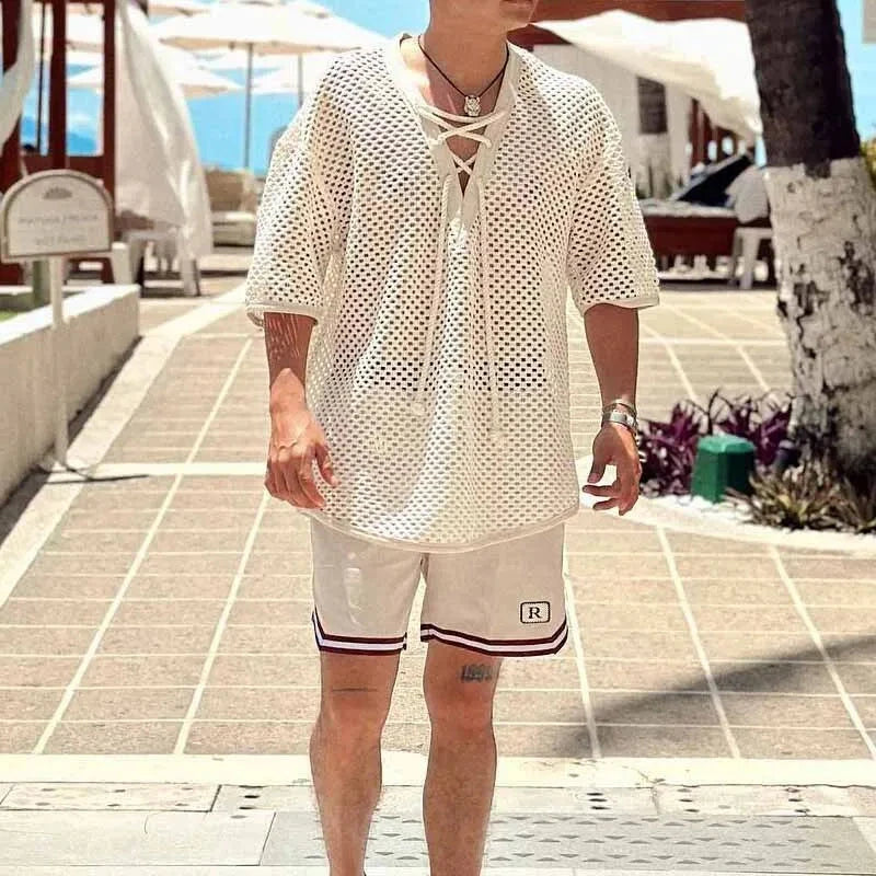 AIDASE  -  Summer New Man's Tide Mesh Hollow Out Knitted T-shirt V-Neck Short Sleeve Pullover Casual High Street Chic Sexy Tops W11957 aidase-shop