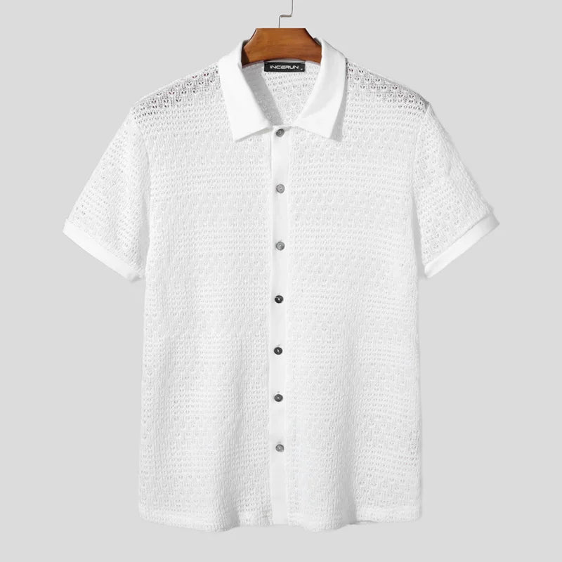 AIDASE  -  Men Shirt Hollow Out See Through Lapel Short Sleeve Men Clothing Summer Streetwear 2025 Fashion Casual Male Shirts S-5XL aidase-shop