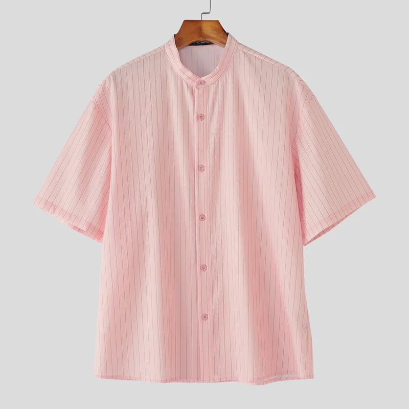 AIDASE  -  Men Striped Shirt Stand Collar Short Sleeve Button Loose Men Clothing Summer Streetwear 2025 Fashion Casual Male Shirts aidase-shop