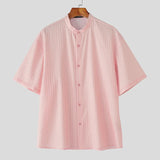 AIDASE  -  Men Striped Shirt Stand Collar Short Sleeve Button Loose Men Clothing Summer Streetwear 2025 Fashion Casual Male Shirts aidase-shop