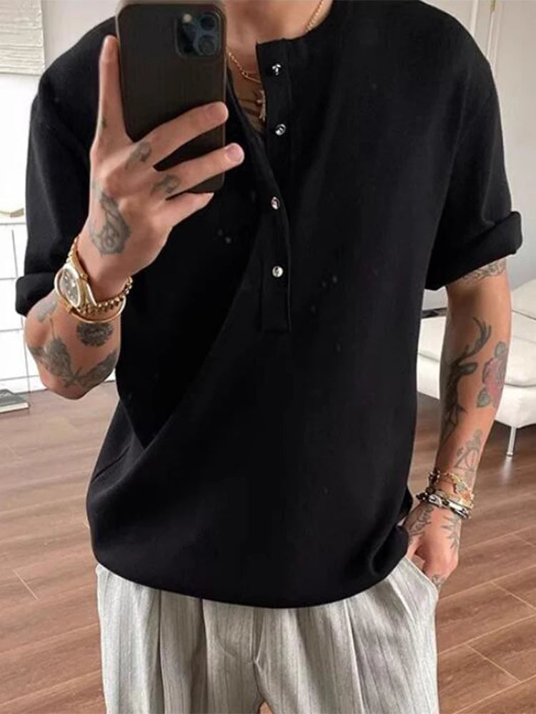 AIDASE  -  Knitting Solid Color Short Sleeve T Shirt Summer New Casual Buttoned Textured Men T-shirts Fashionable Mens Henley Neck Shirts aidase-shop
