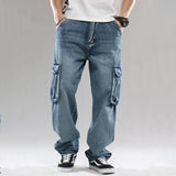 Men Cargo Casual Washed Jeans Trousers Multi Pockets Straight Loose Denim Pants For Male Plus Size 30-46 aidase-shop