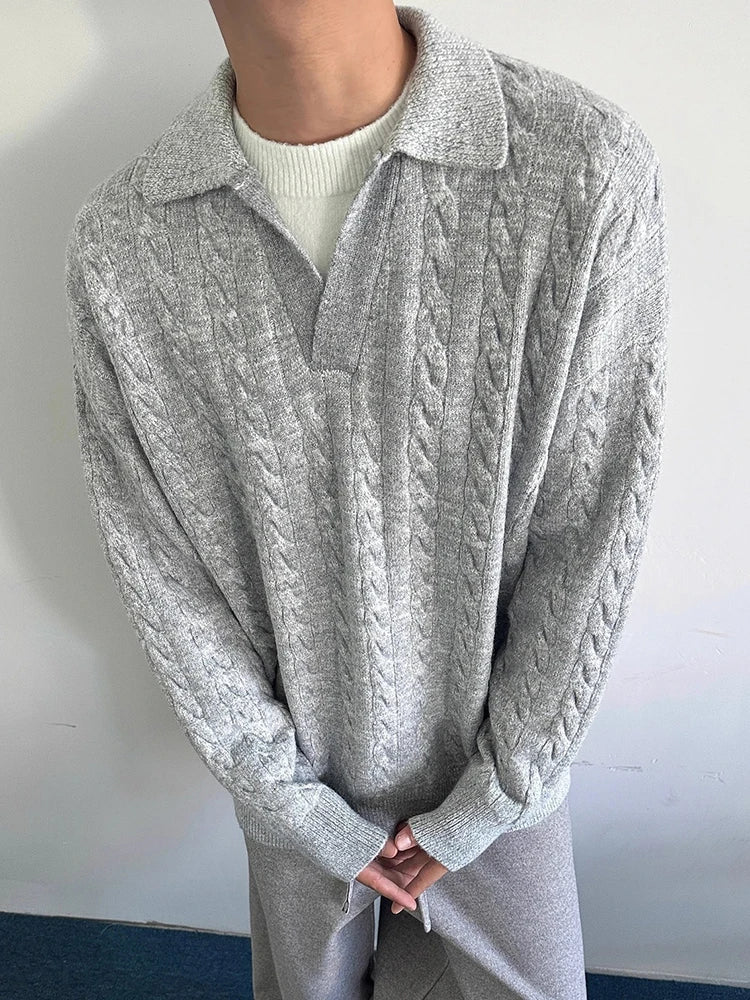 AIDASE  -  Autumn Casual Long Sleeve Knit Jumper Tops Mens Vintage Polo Neck Knitted Pullover Trendy Men's Twist Crochet Sweater Polo Shirt aidase-shop