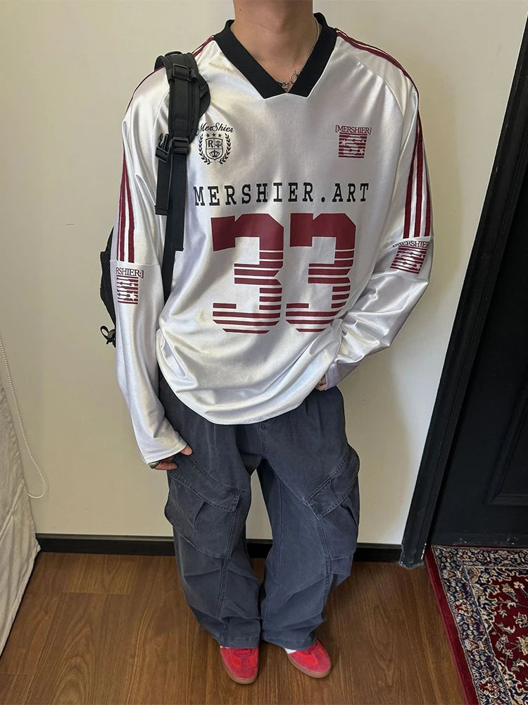 AIDASE  -  Retro Sports Jersey satin T shirt Men's clothing Hip Hop Printing V-neck Oversized Long Sleeved T shirt Casual Streetwear Autumn aidase-shop