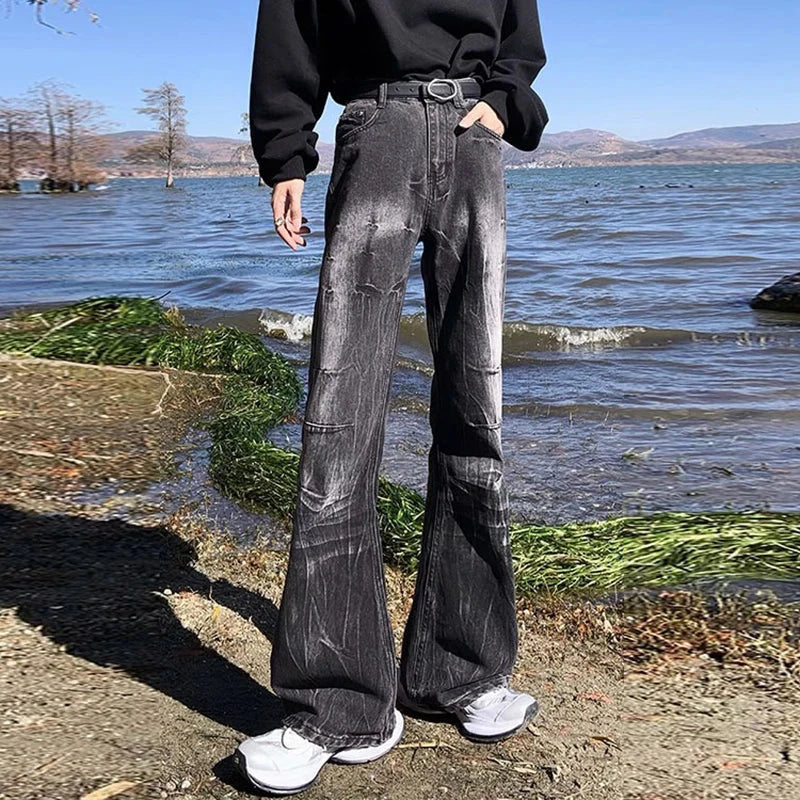 AIDASE  -  Vintage Male Jeans Wrinkled Lightning Pattern Washed Design Layered Slightly Flared Men's Denim Pants Fashion New 21E7545 aidase-shop
