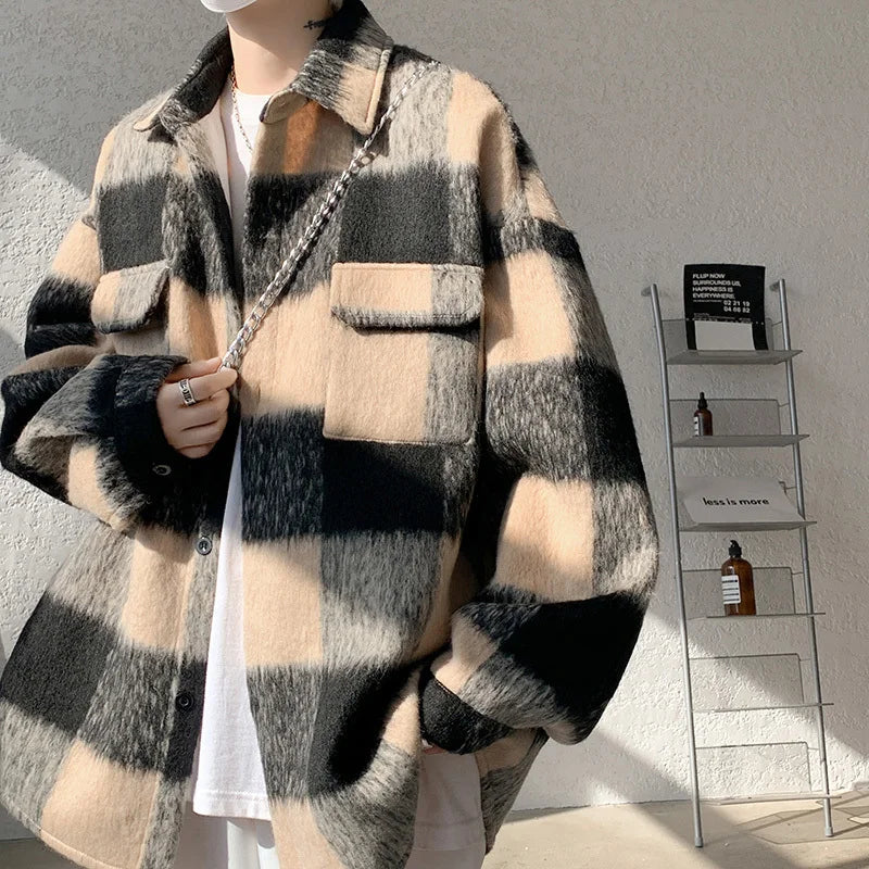 AIDASE  -  American Style Men's Woolen Jacket Loose High Street Large Pocket Decoration Long Sleeve Turn-down Collar Men Coats 21E7628 aidase-shop