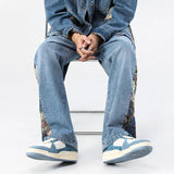 New Men's Jeans Baggy Bear Printed Wide Leg Pants Men's Hip Hop Street Loose Denim Pants Elastic Waist Lace Up Casual Pants aidase-shop