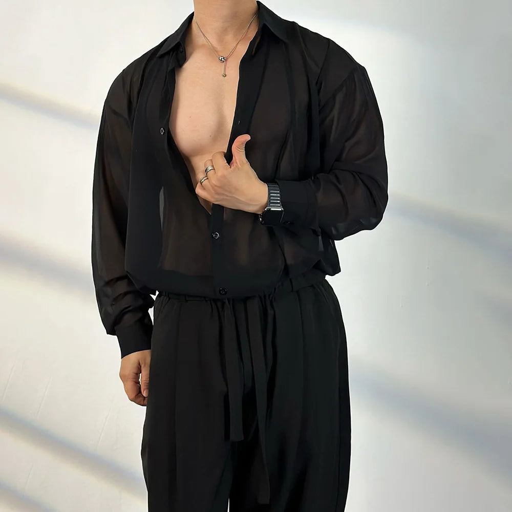 AIDASE  -  Mens Shirt Transparent Sheer Sexy Long Sleeved Shirt Summer Casual Personality Breathable Quick Drying Top Men's Clothing aidase-shop