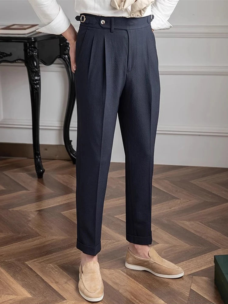 AIDASE  -  Casual Solid Color Pleated High Waist Trousers 2025 Spring Fall Trendy Men's Slim Fit Straight Pants Naples Style Trousers Mens aidase-shop
