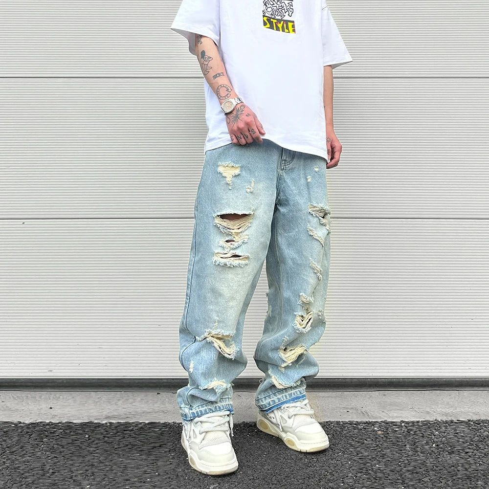 Aidase Washed Blue Oversized Torn Jeans for Men Streetwear Hip Hop Large Destroyed Wide Leg Jeans Baggy Straight Ripped Denim Pants aidase-shop