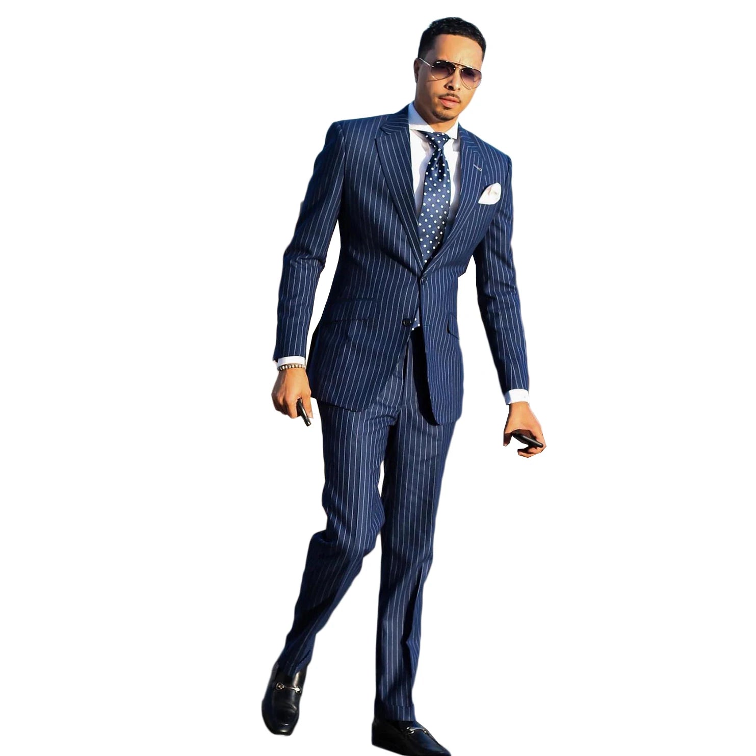 Aidase Navy Men's Suit 2 Pieces Blazer Pants Single Breasted Peaked Lapel Formal Pinstripes Wedding Groom Formal Tailored Costume Homme aidase-shop