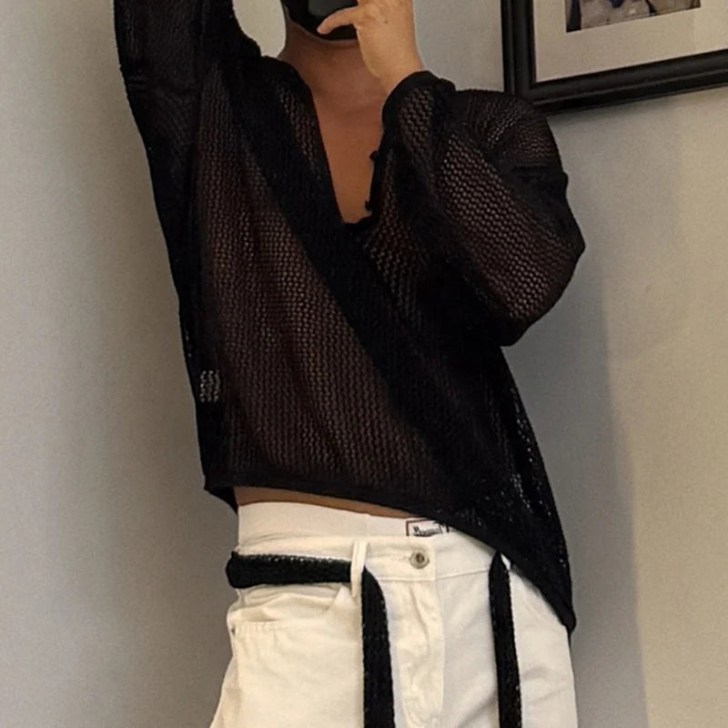 AIDASE  -  Men Sweater Solid V Neck Long Sleeve Hollow Out See Through Male Pullovers Streetwear Loose Fashion Casual Men Clothing aidase-shop