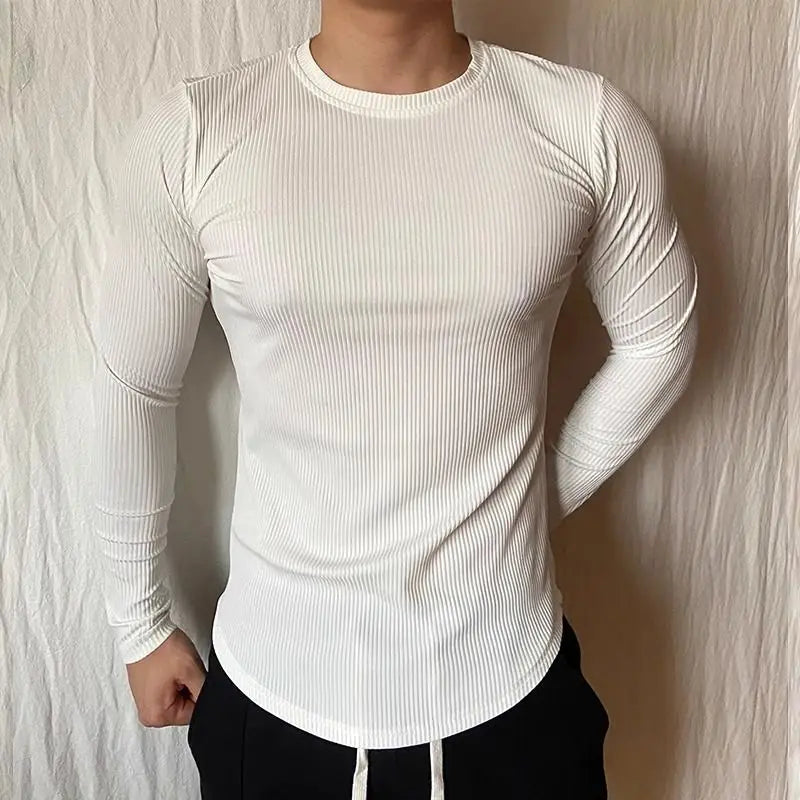 AIDASE  -  Sports Long-sleeved T-shirt Fitness Tights Slim Elastic Striped Round Neck Casual aidase-shop
