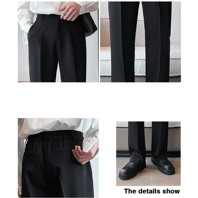 Aidase Summer Men Thin Casual Suit Pants Long Straight Drape Silky Wide Loose Trousers Male Elastic Waist Oversize Clothes Black White aidase-shop