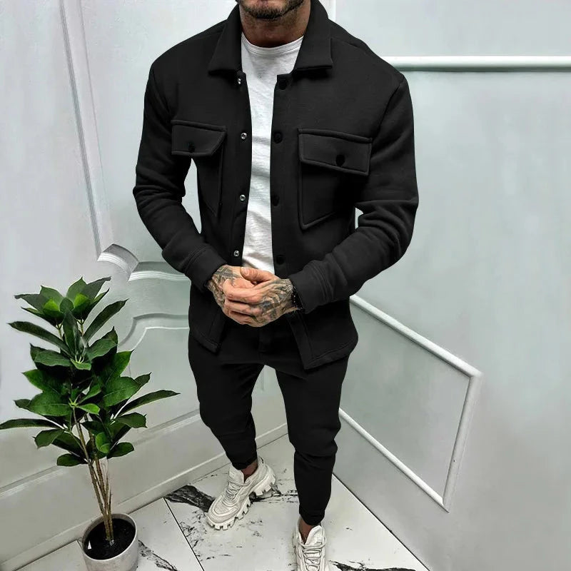 AIDASE  -  Men's Jacket Cargo Pants Set with Pocket Button Spring Fall Blue Tracksuit High Quality Solid Color Male Fashion 2 Pieces Suit aidase-shop