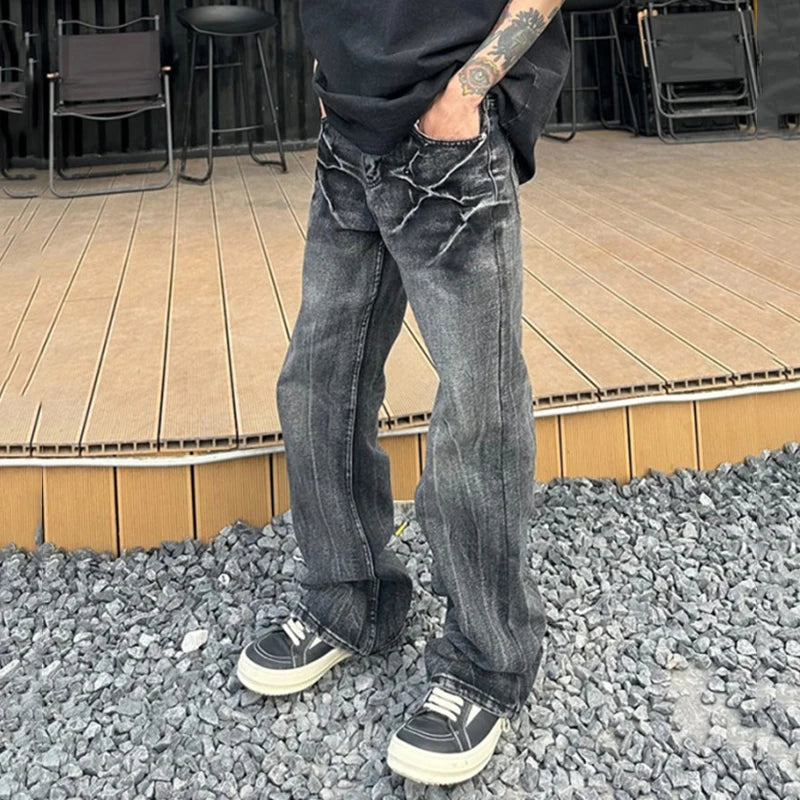 AIDASE  -  Fashion Men's Jeans Lightning Crack Print Washed Slim Fit Design Versatile Straight Slightly Flared Denim Pants 21E6876 aidase-shop