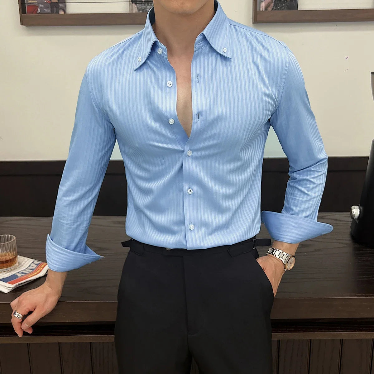 Aidase Men's New Long Sleeve Dark Stripes, Business Casual Lapels Top, Navy Blue Gentleman Banquet Shirt, Non-Ironing Treatment aidase-shop