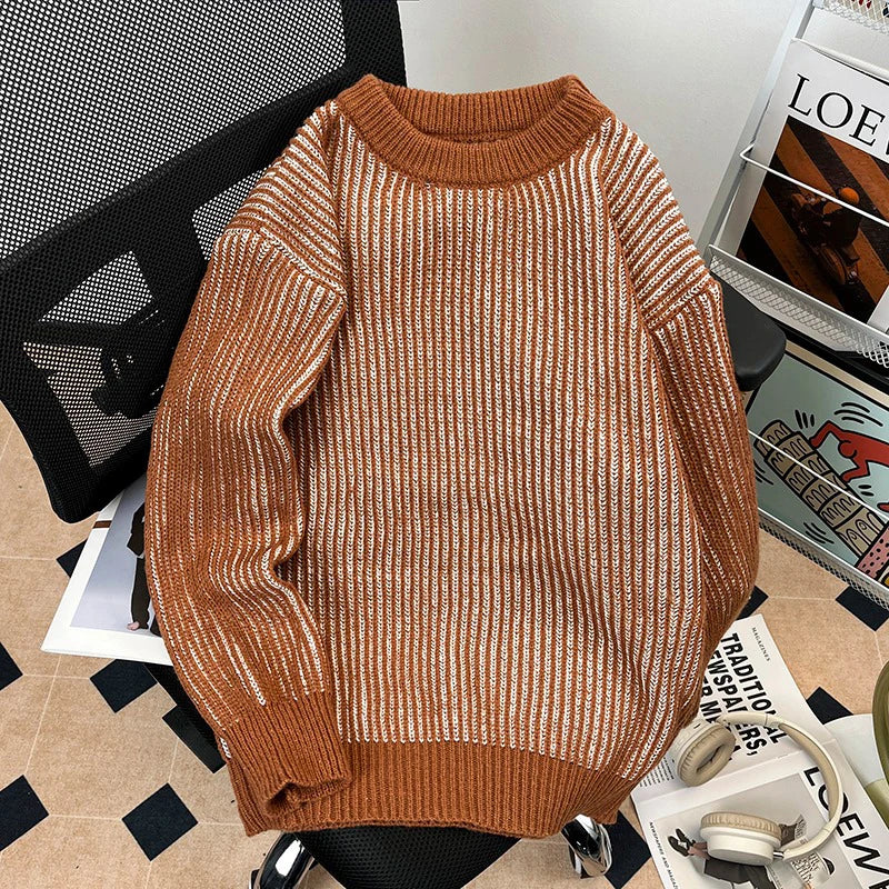 AIDASE  -  Autumn Winter Male Striped Sweater Round Neck Versatile Lazy Style Loose Drop Shoulder Men Knitted Pullover Tops 21E7594 aidase-shop