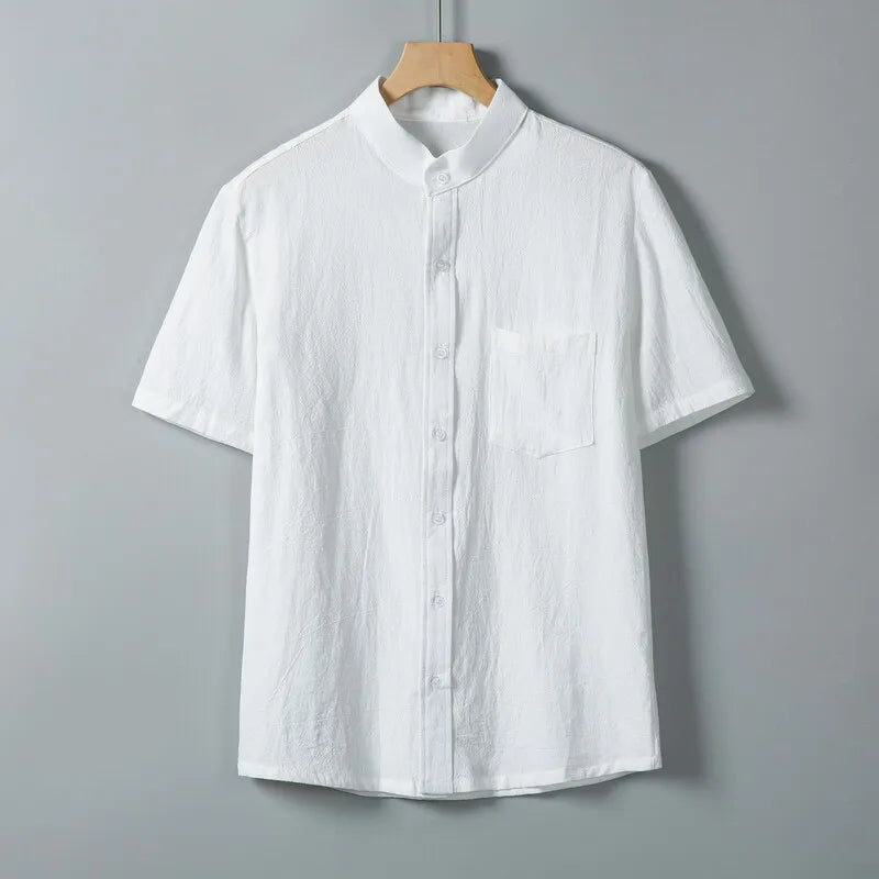 AIDASE  -  Summer Short Sleeve Cotton Linen Shirts Men Solid Casual Stand Collar Shirt Male Breathable Loose Daily Blouse Tops Plus Size aidase-shop