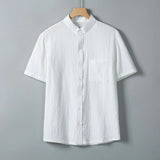 AIDASE  -  Summer Short Sleeve Cotton Linen Shirts Men Solid Casual Stand Collar Shirt Male Breathable Loose Daily Blouse Tops Plus Size