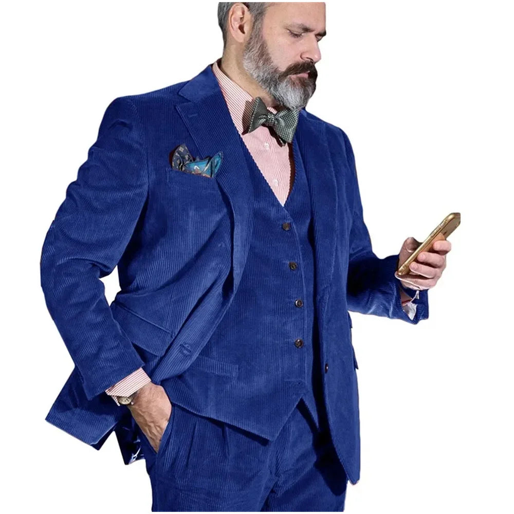 Aidase Warm Corduroy Men's Suits Full Set High-end Slim Fit Formal Party Blue Blazer Vest Pants Winter Classic Male Suits Costumes aidase-shop