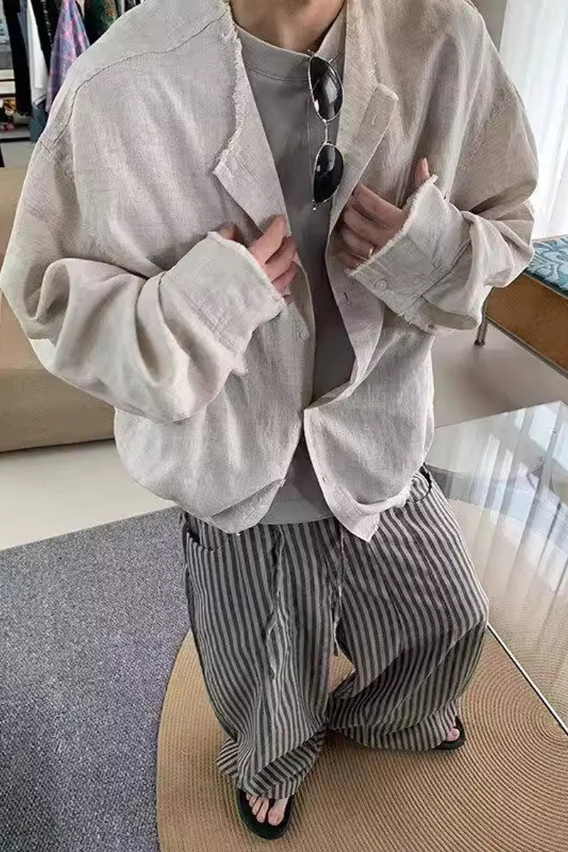 AIDASE  -  American Retro Linen irt Men's Lazy Loose Long Sve Collarl Design Sensation Cleanfit Top Sun Protection Casual Sle aidase-shop