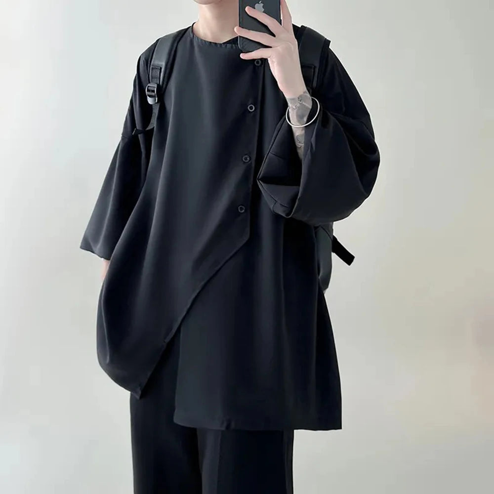 AIDASE  -  Men's New Irregular Oblique Button Short-Sleeved Shirt American Retro Fashion Trend Simple Loose Casual Breathable Men's Tops aidase-shop