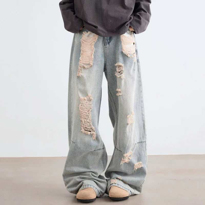 AIDASE  -  Men's Ripped Jeans Korean Style Trendy High Street Stylish Versatile Trousers 2025 Autumn Niche Design Denim Pants 21E7188 aidase-shop