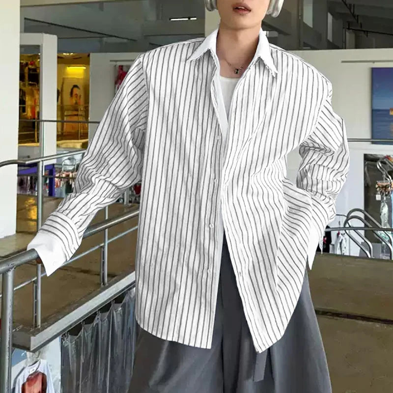 AIDASE  -  Men Shirt Striped Patchwork Lapel Long Sleeve Loose Men Clothing Streetwear 2025 Fashion Casual Male Shirts Korean Style aidase-shop