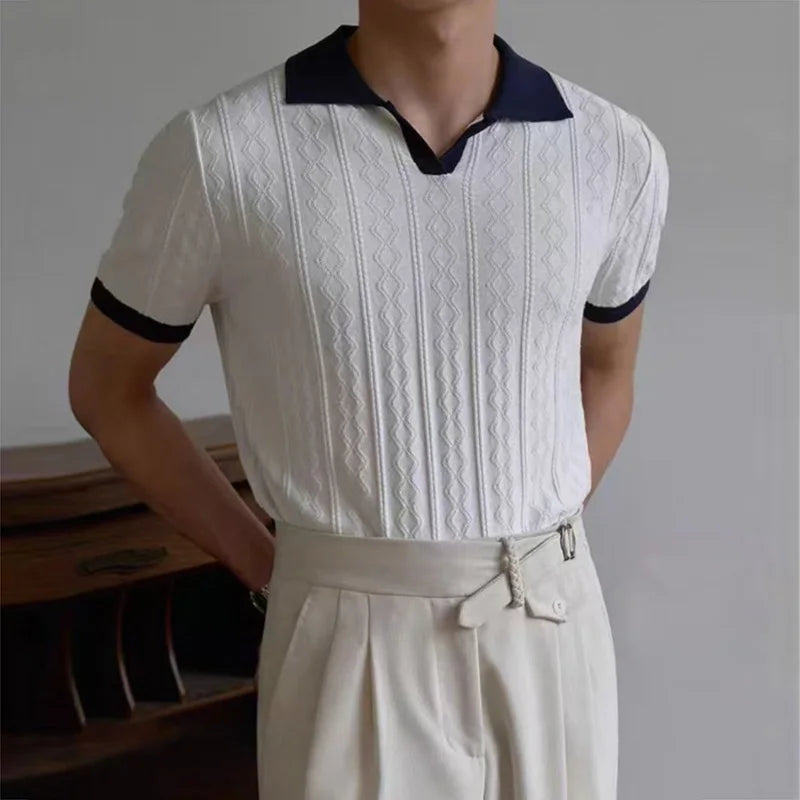 AIDASE  -  Knitting Short Sleeve Turn-down Collar Polos Men Summer New Casual Breathable Knit Polo Shirt Classic Mens Patchwork Polo Shirts aidase-shop
